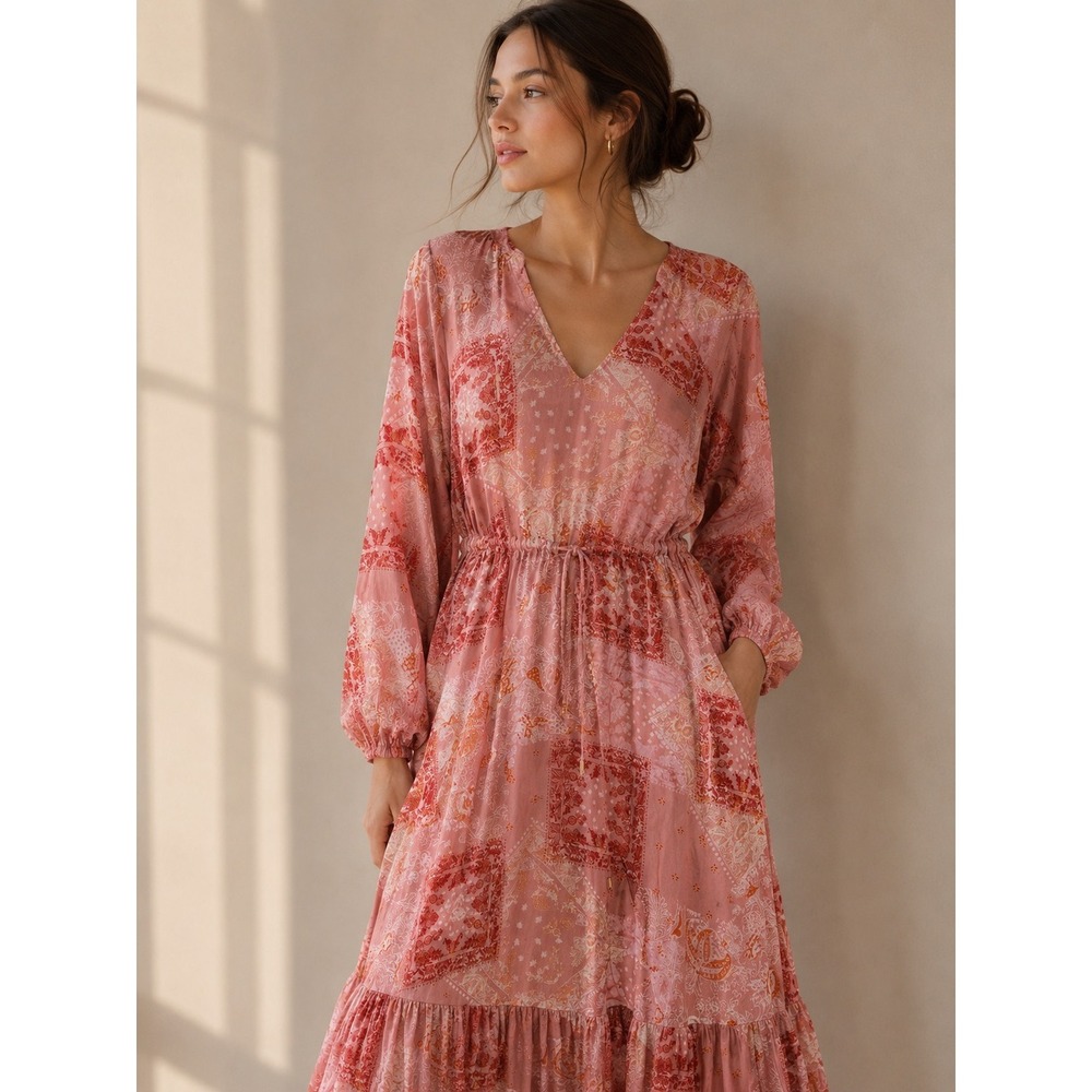 Roller Rabbit Maxi Dress Womens Size M Pink Red Patchwork Bandana Boho Tiered
